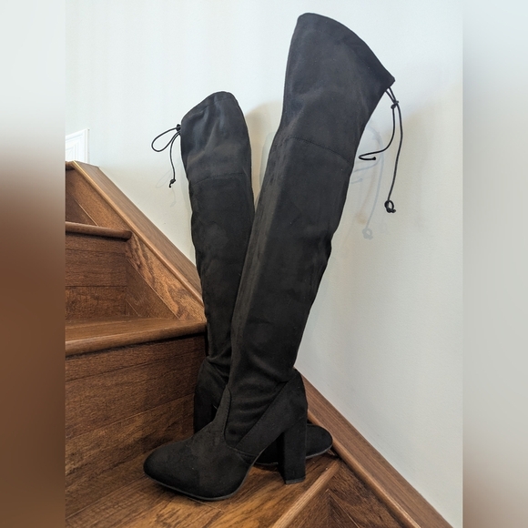 Streetwear Society Thigh High Faux Suede Block Heel Black Boots Size 8NWT. - Picture 13 of 14